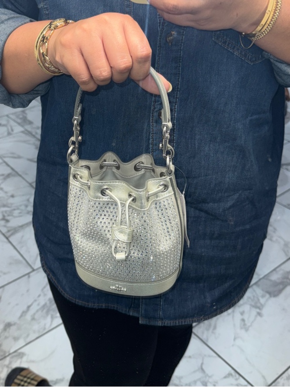 New Coach Metallic Silver Crystal-Embellished Bucket mini Bag - Picture 8 of 10